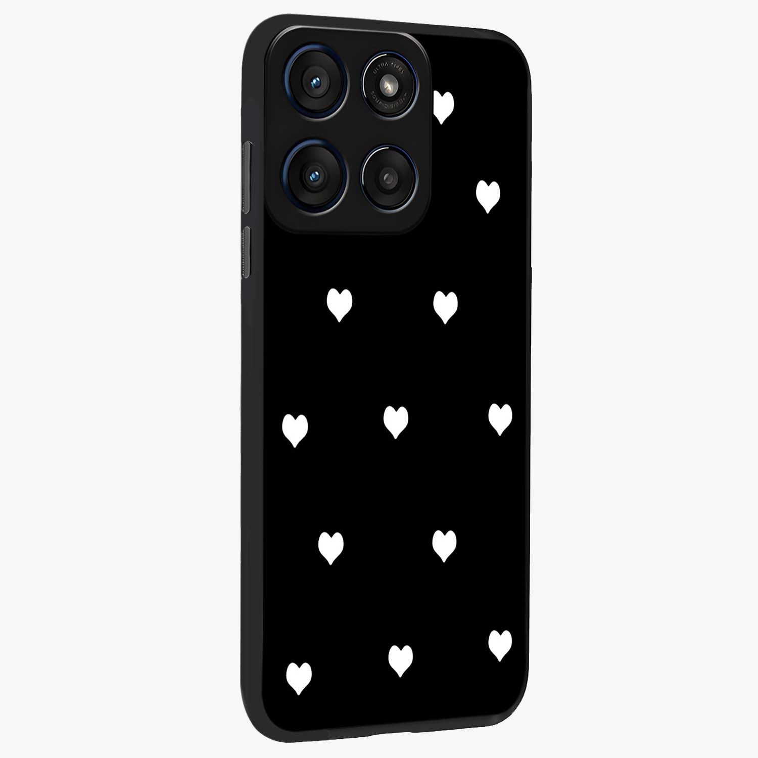 Cute And Simple White Hearts Glass Case upright view showcasing simple white hearts artwork with soft minimal theme.