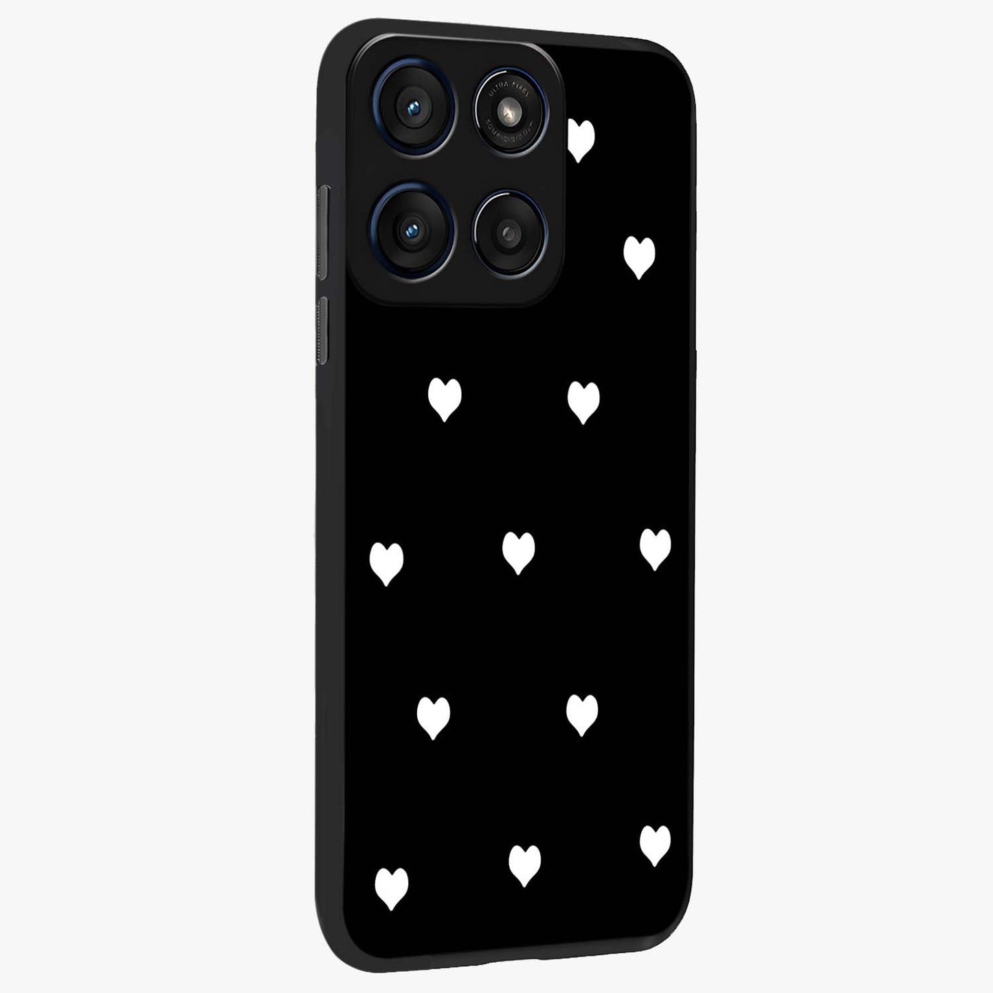 Cute And Simple White Hearts Glass Case upright view showcasing simple white hearts artwork with soft minimal theme.