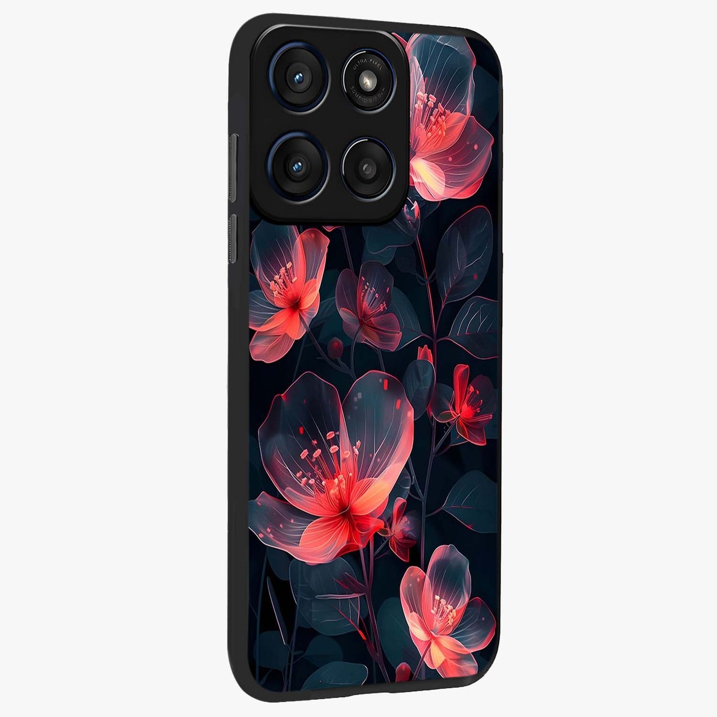 Dark Shade of Flower Glass Case upright view showcasing delicate flower artwork with rich dark floral theme.