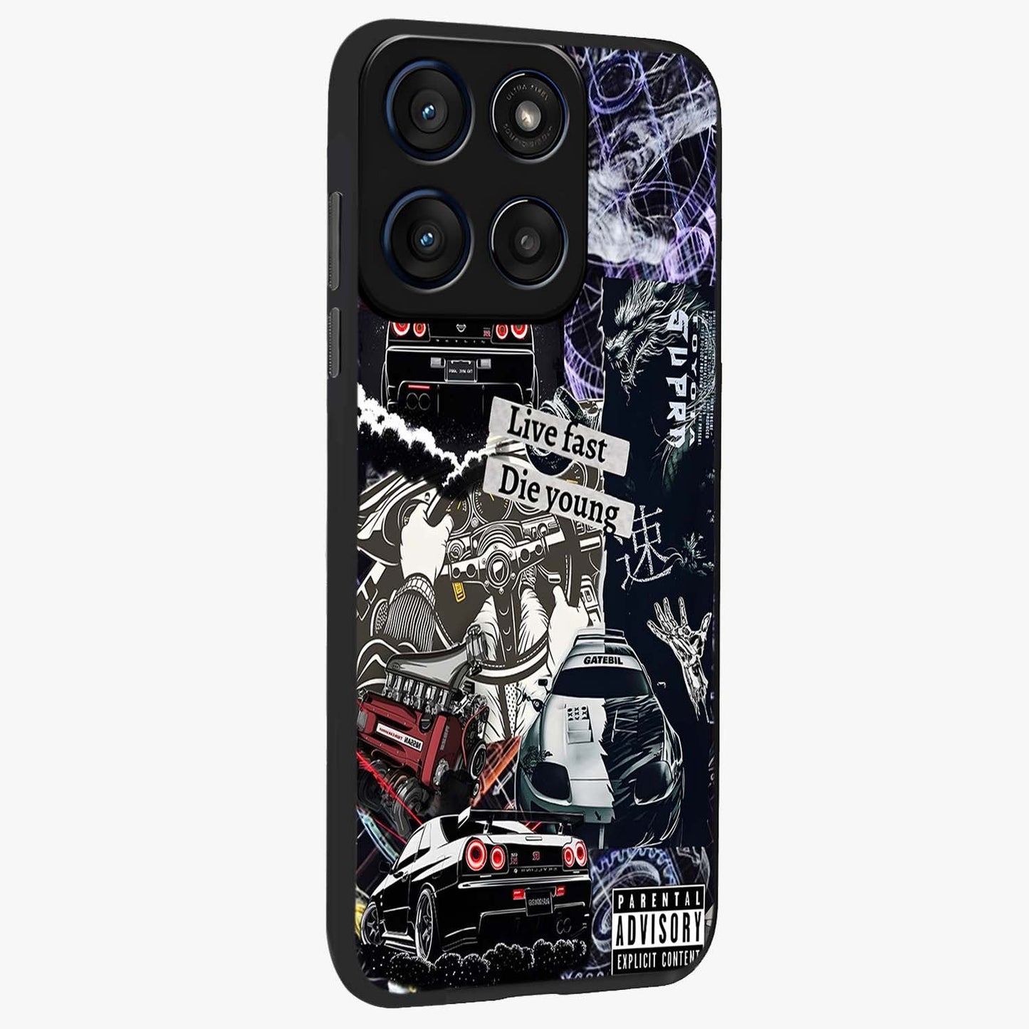 Die Young Glass Case upright view showcasing striking typography artwork with modern statement theme.