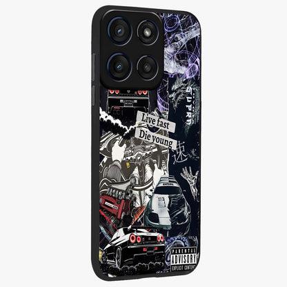 Die Young Glass Case upright view showcasing striking typography artwork with modern statement theme.