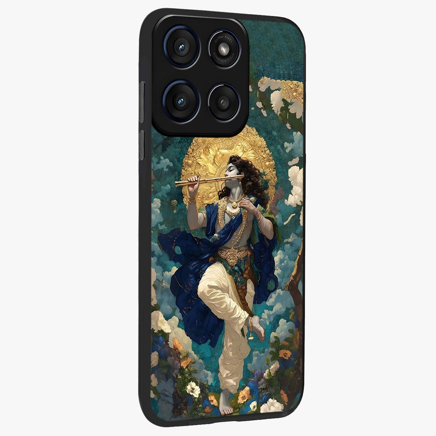 Divine Krishna Art Glass Case upright view showcasing divine Krishna artwork with sacred artistic theme.