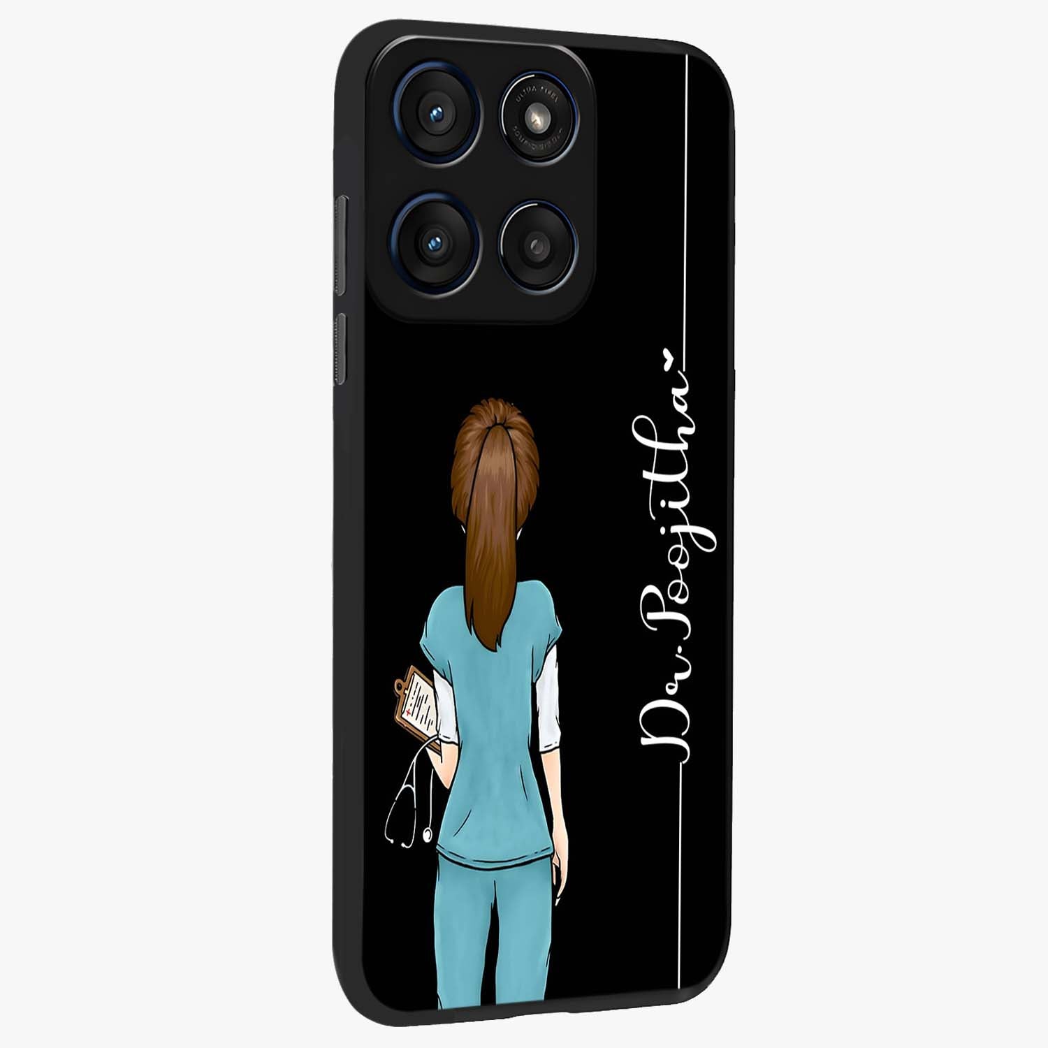 Doctor Pattern Custom Name Glass Case upright view showcasing healthcare themed design with personalized aesthetic.
