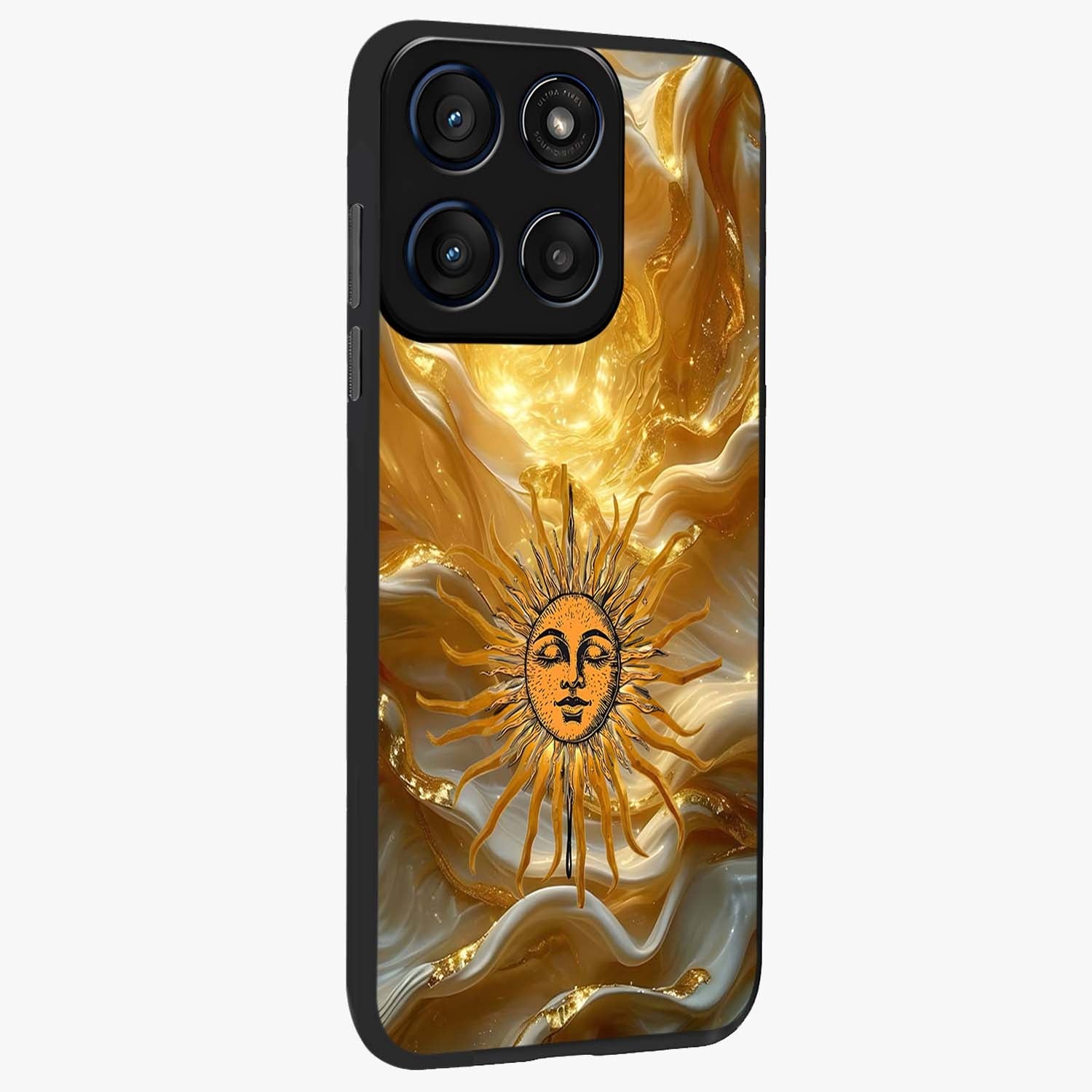 Eternal Golden Glow Glass Case upright view showcasing luminous golden artwork with luxurious visual theme.