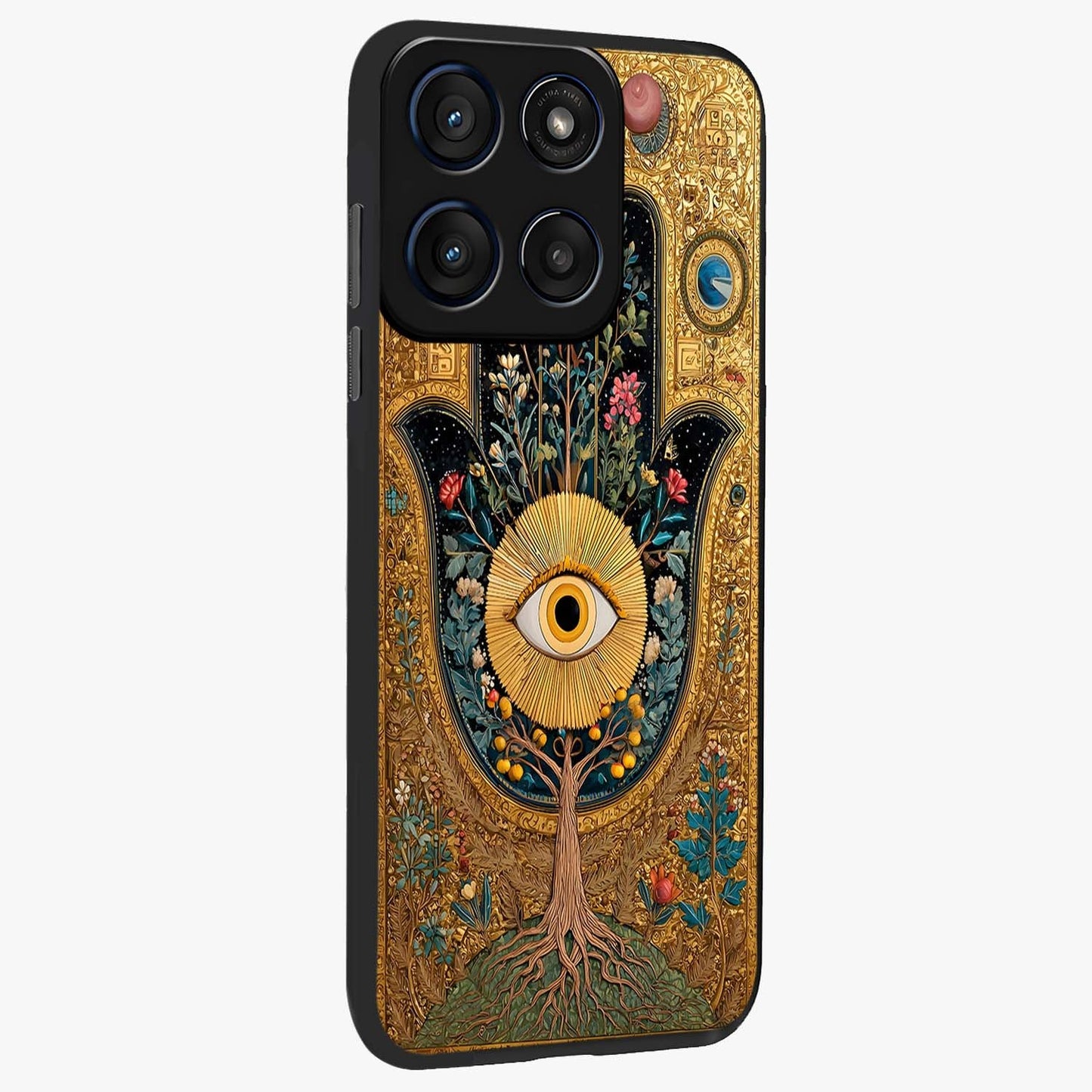 Ethereal Evil Eye Glass Case upright view showcasing celestial evil eye artwork with mystical theme.