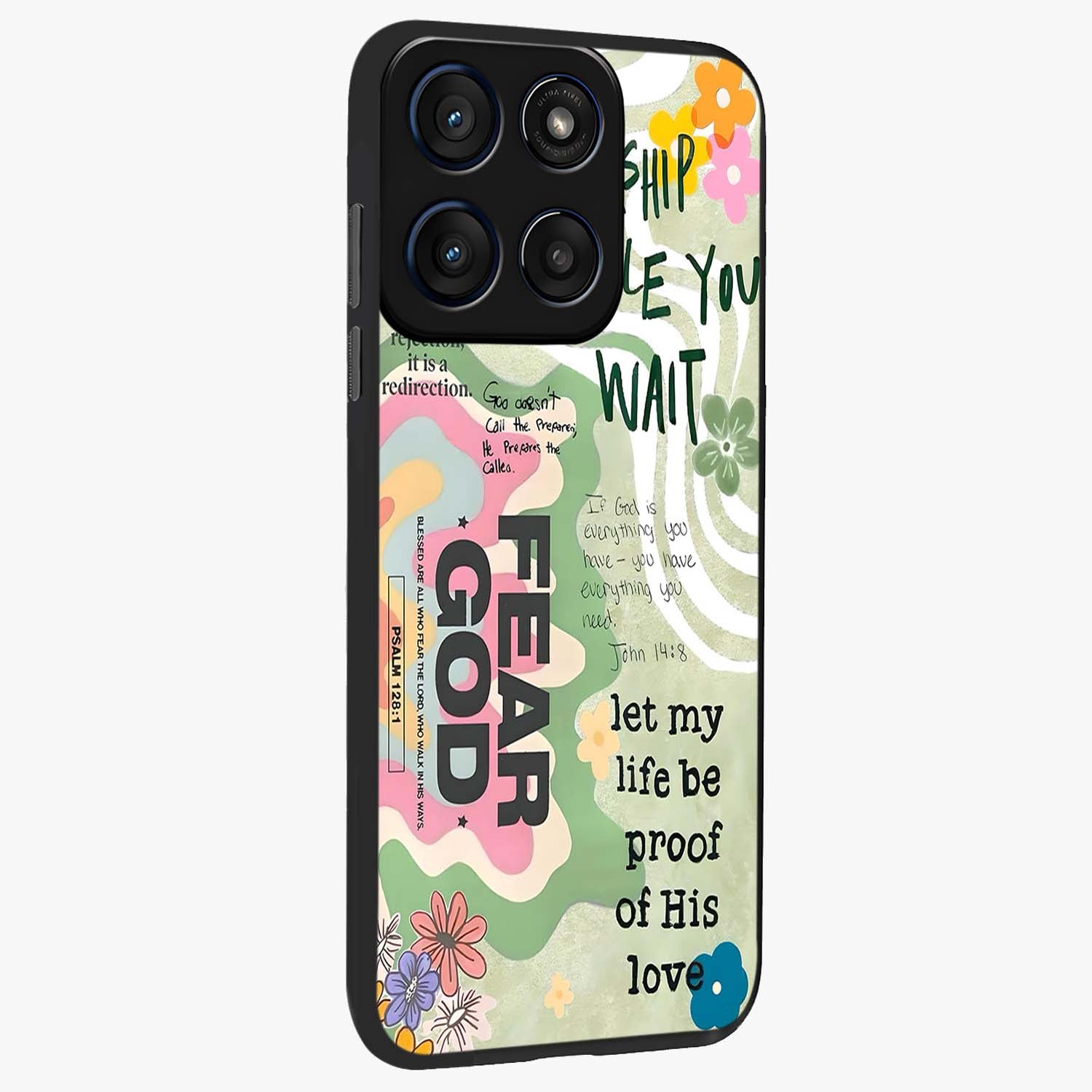 Faith Over Fear Glass Case upright view showcasing bold typography artwork with uplifting motivational theme.