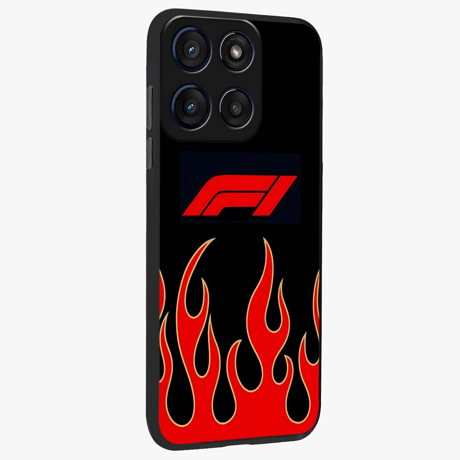 Fire F11 Glass Case upright view showcasing dynamic flame artwork with intense visual theme.