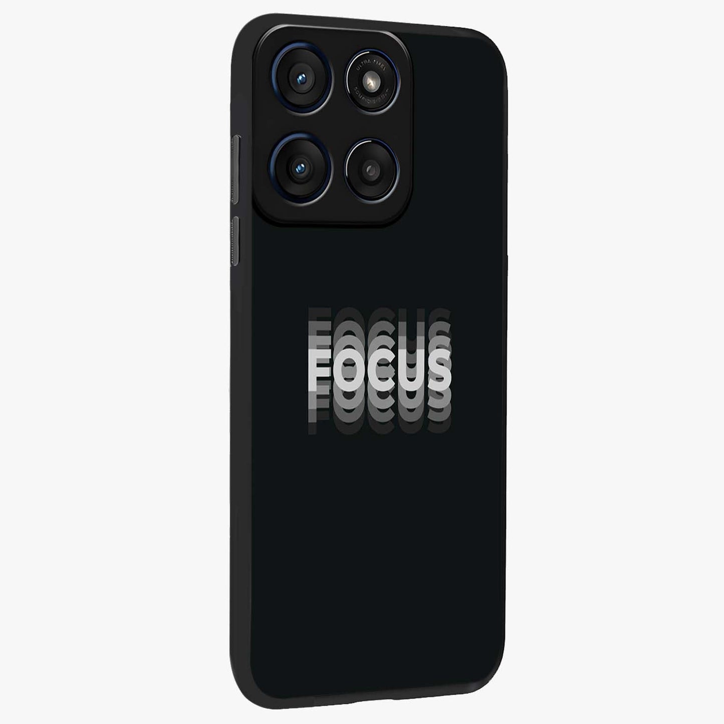 Focus Mode On Glass Case upright view showcasing strong typography statement with sleek motivational theme.