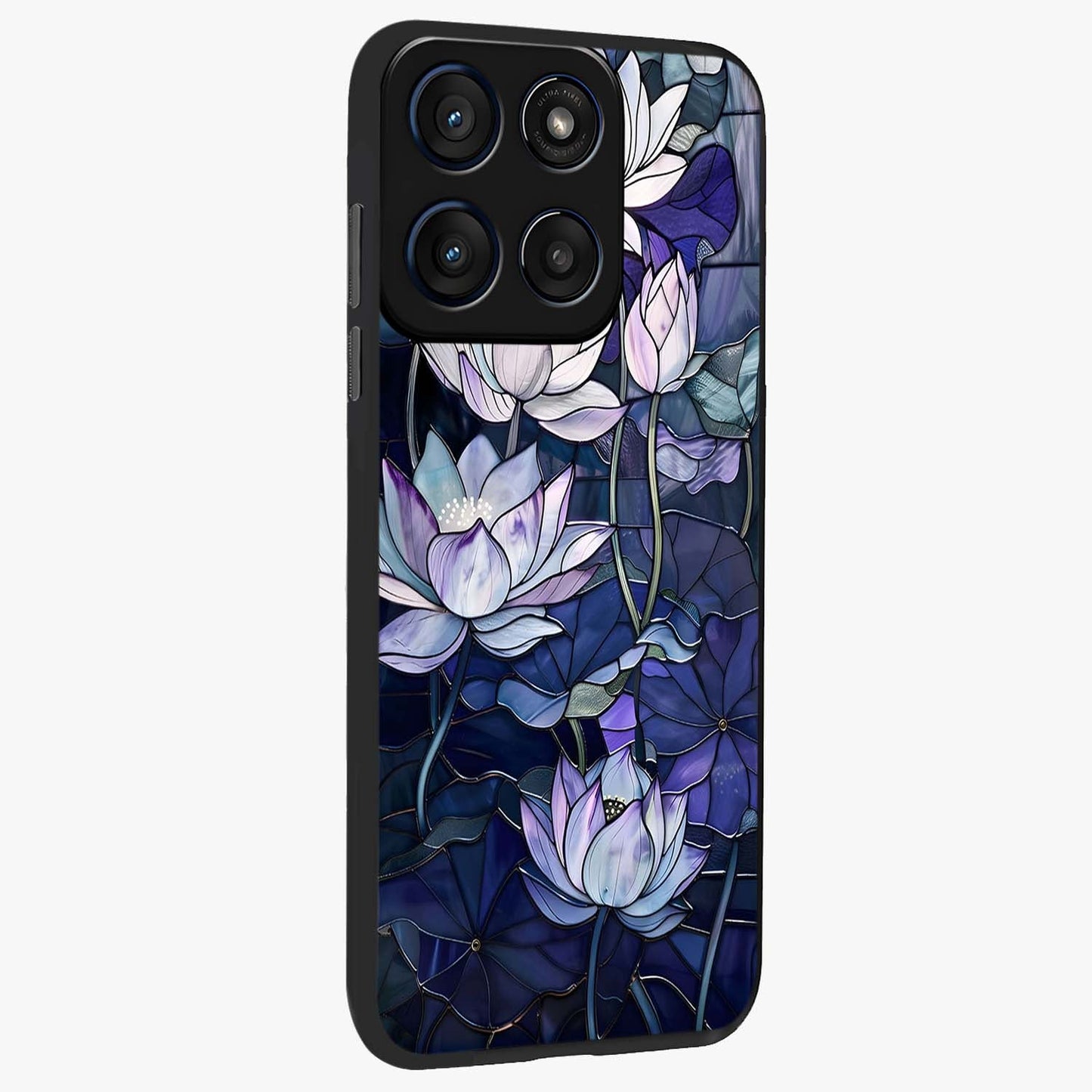 Gloss Petal Rush Glass Case upright view showcasing dynamic floral petal artwork with modern botanical theme.
