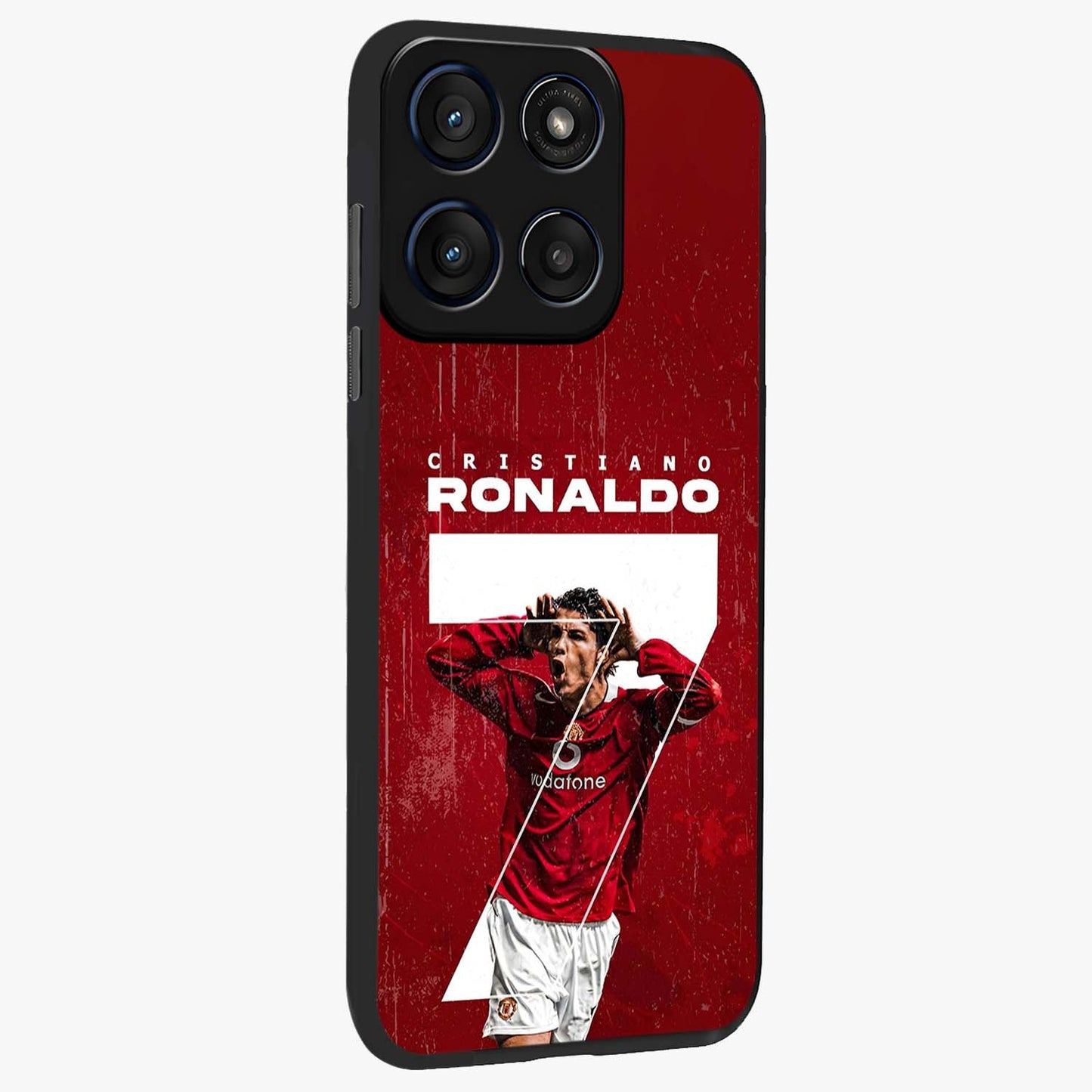 Goal Celebration Legacy Glass Case upright view showcasing dynamic football inspired artwork with victory celebration aesthetic.