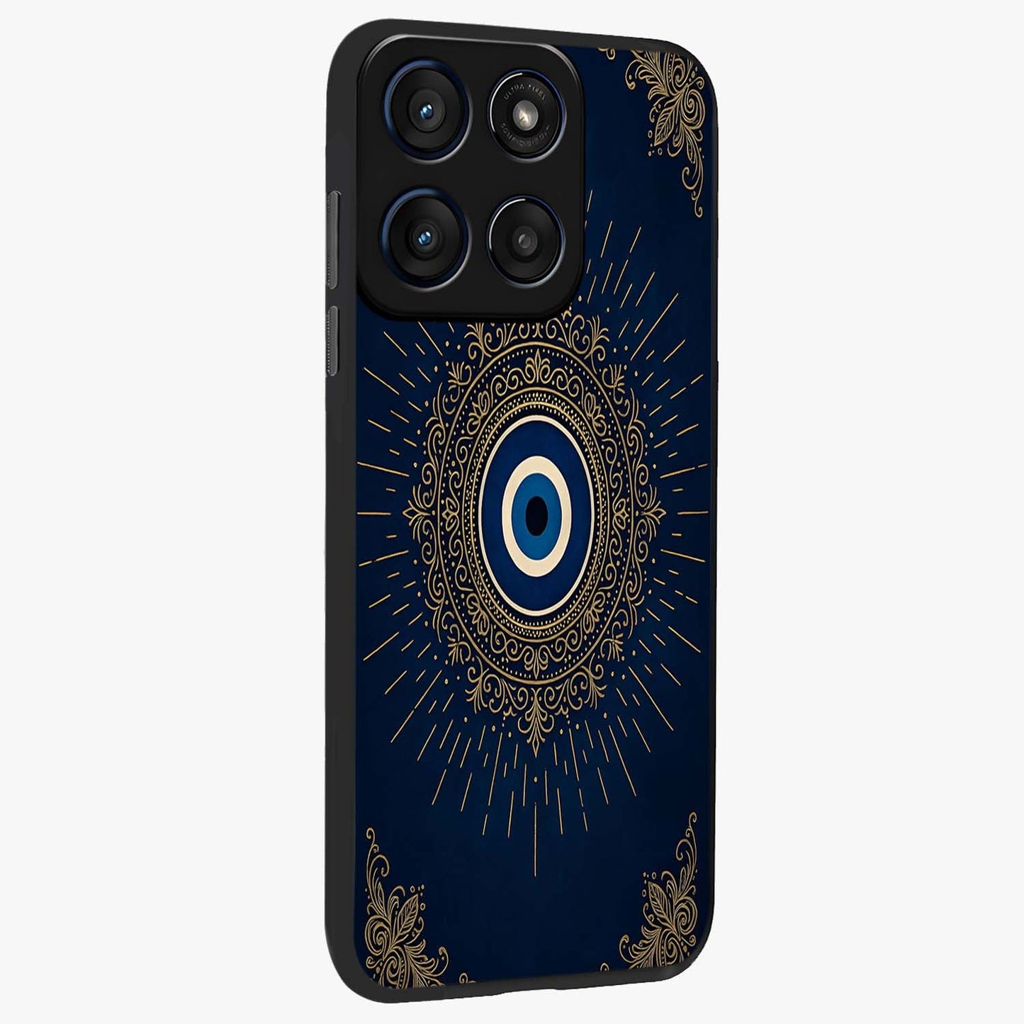 Golden Celestial Charm Glass Case upright view showcasing radiant celestial artwork with elegant golden theme.