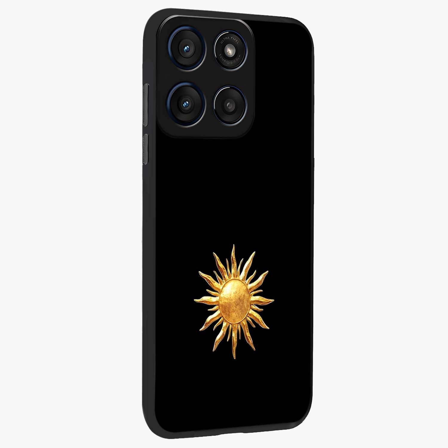 Golden Sun Minimalism Glass Case upright view showcasing haunting graveyard artwork with dramatic dark theme.