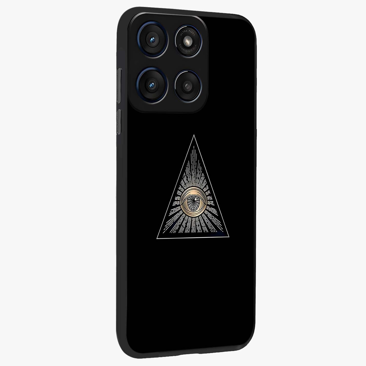 Illuminati Evil Glass Case upright view showcasing striking illuminati artwork with mysterious symbolic theme.