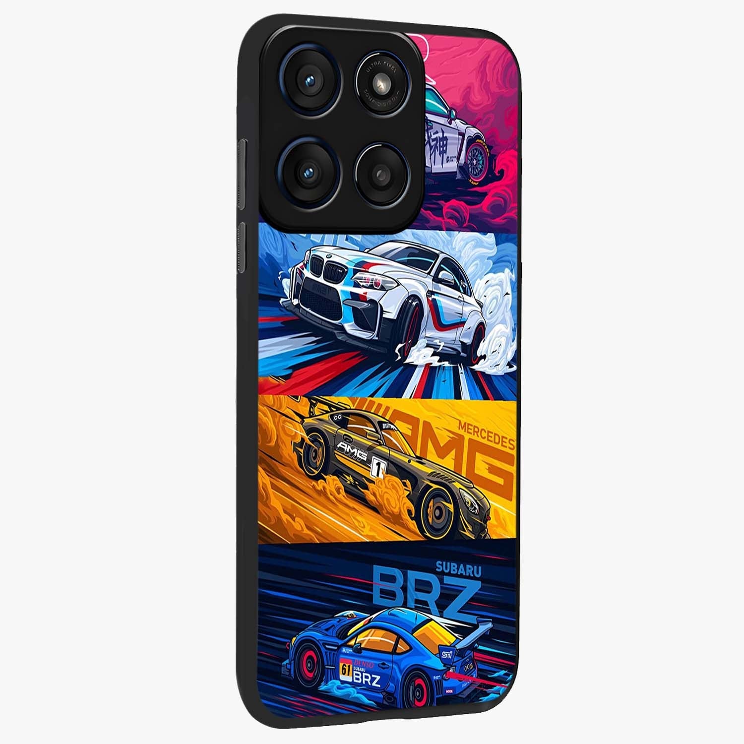 JDM Sports Car Glass Case upright view showcasing dynamic sports car artwork with bold racing theme.