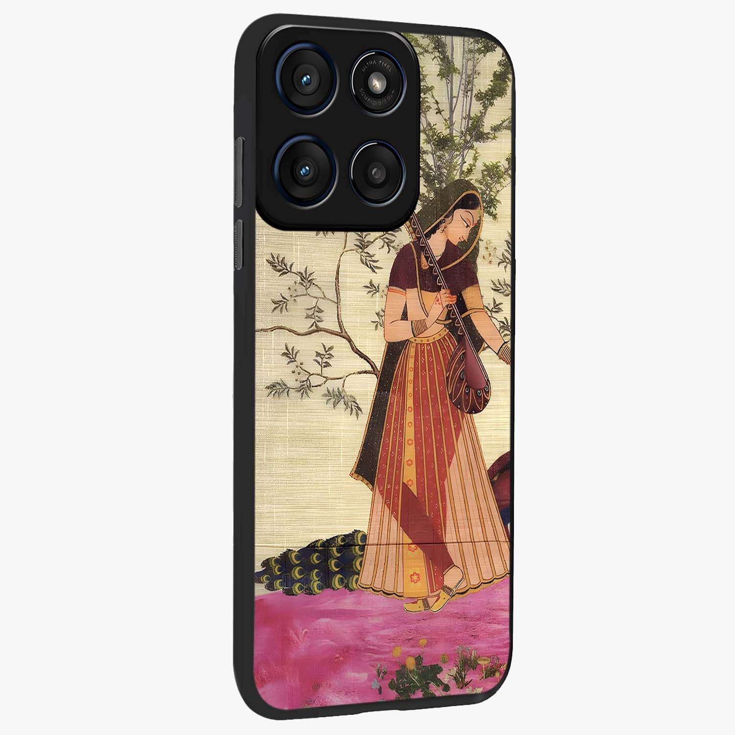 Lady With Veena Art Glass Case upright view showcasing classical veena artwork with traditional artistic theme.