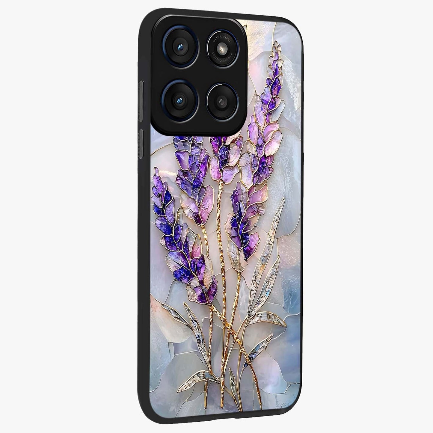 Lavender Dream Glow Glass Case upright view showcasing radiant lavender glow artwork with calming dreamy theme.