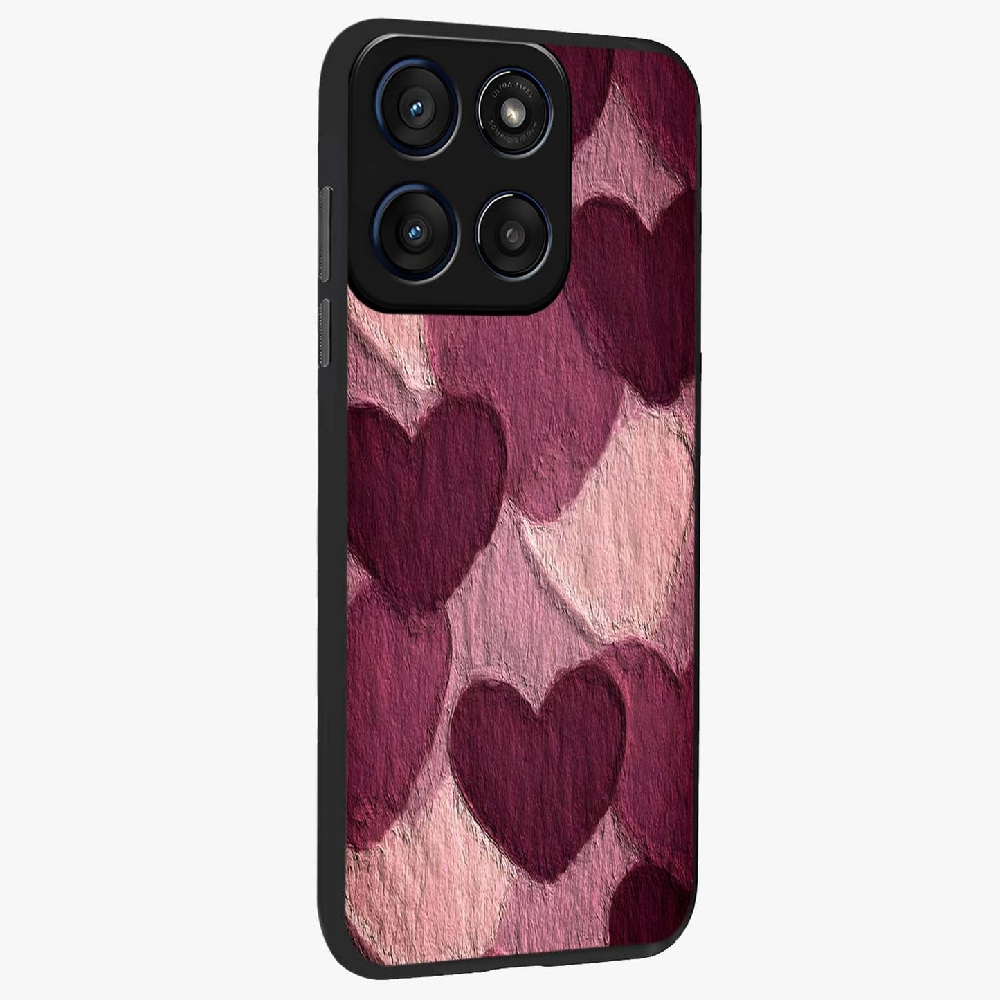 Layered Paper Hearts Glass Case upright view showcasing decorative layered heart artwork with sweet love theme.