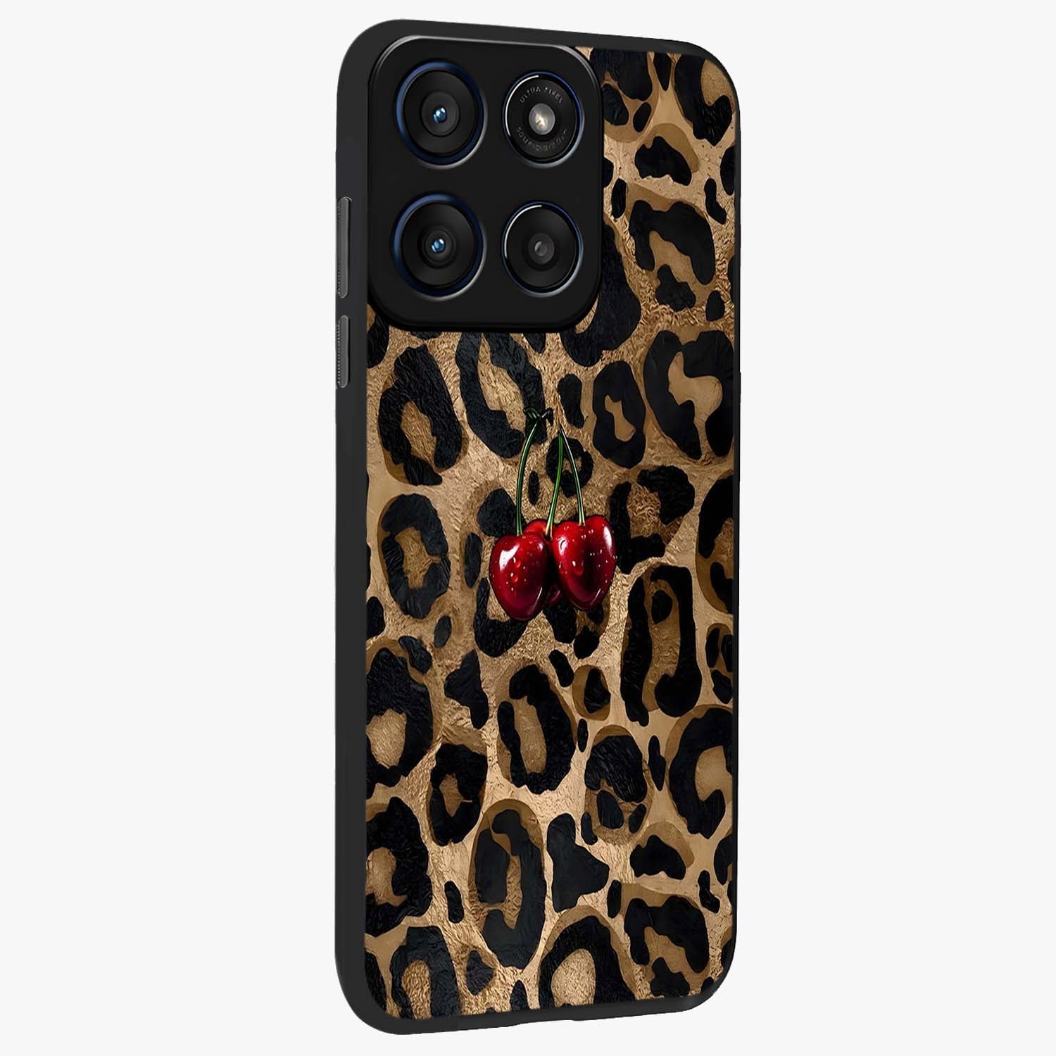 Leopard Wild Cherry Glass Case upright view showcasing stylish leopard pattern artwork with trendy fashion theme.