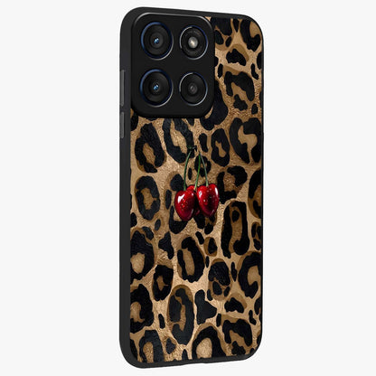 Leopard Wild Cherry Glass Case upright view showcasing stylish leopard pattern artwork with trendy fashion theme.