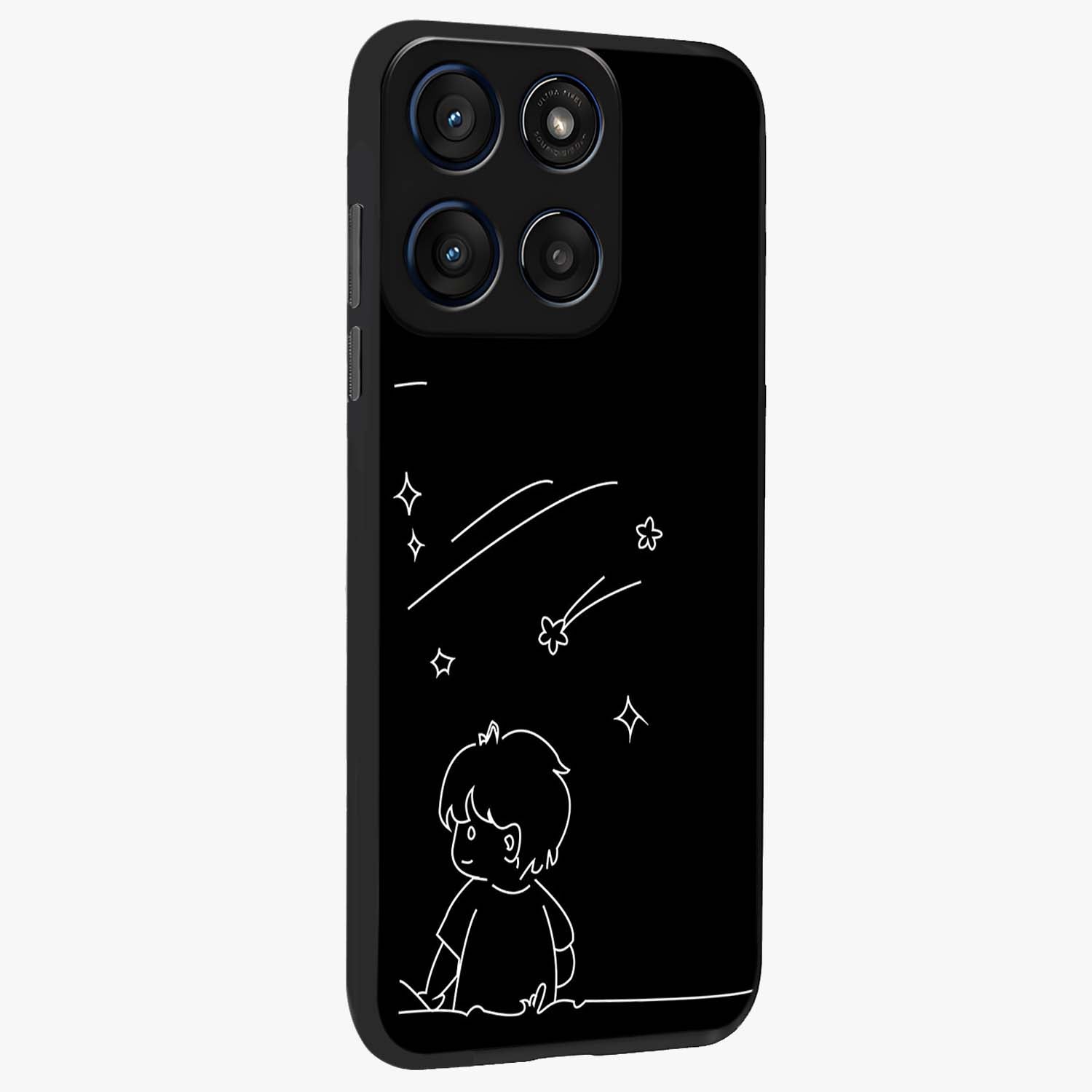Line Art Boy With Shooting Stars Glass Case upright view showcasing artistic shooting star illustration with minimal style.