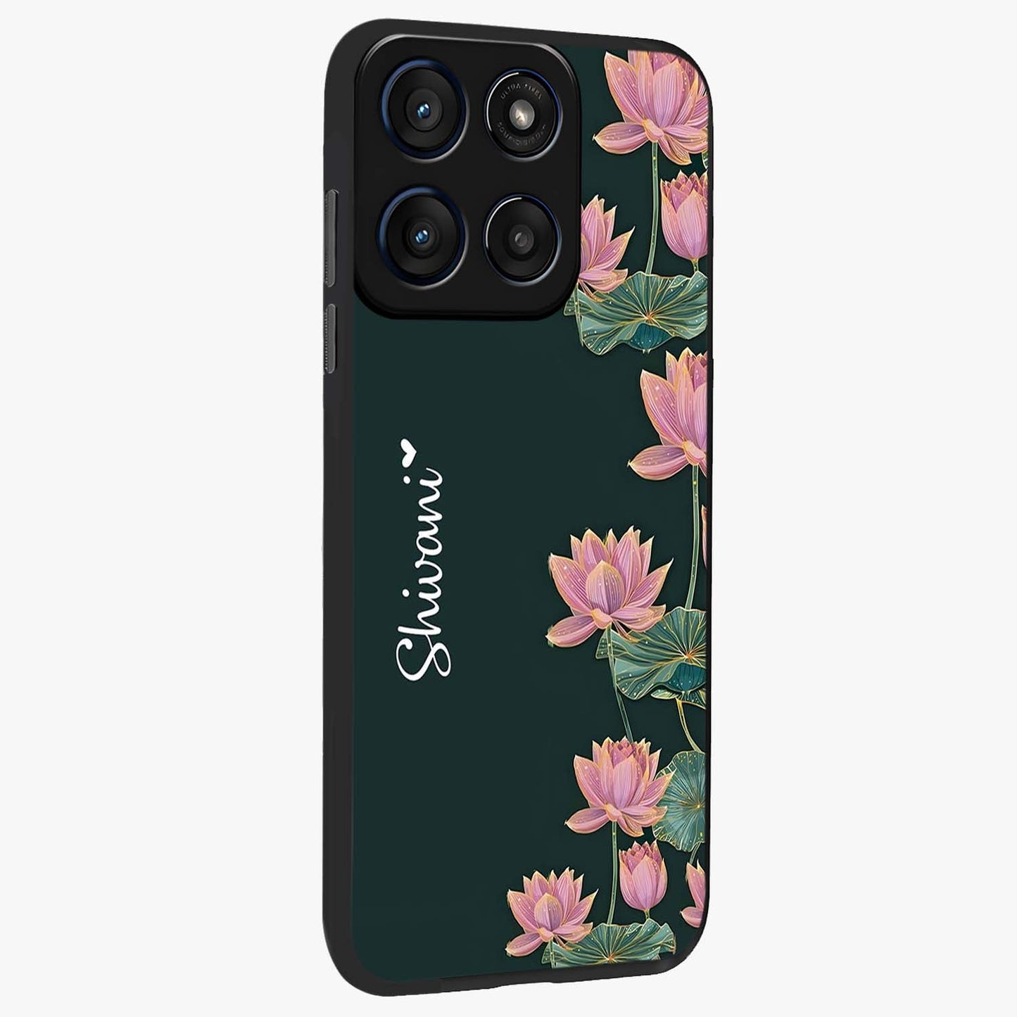 Lotus Bloom Serenity Custom Name Glass Case upright view showcasing serene lotus bloom artwork with personalized floral aesthetic.