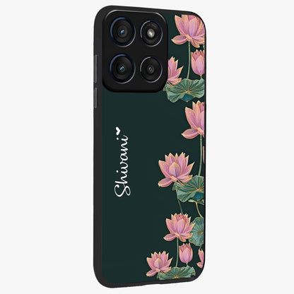 Lotus Bloom Serenity Custom Name Glass Case upright view showcasing serene lotus bloom artwork with personalized floral aesthetic.