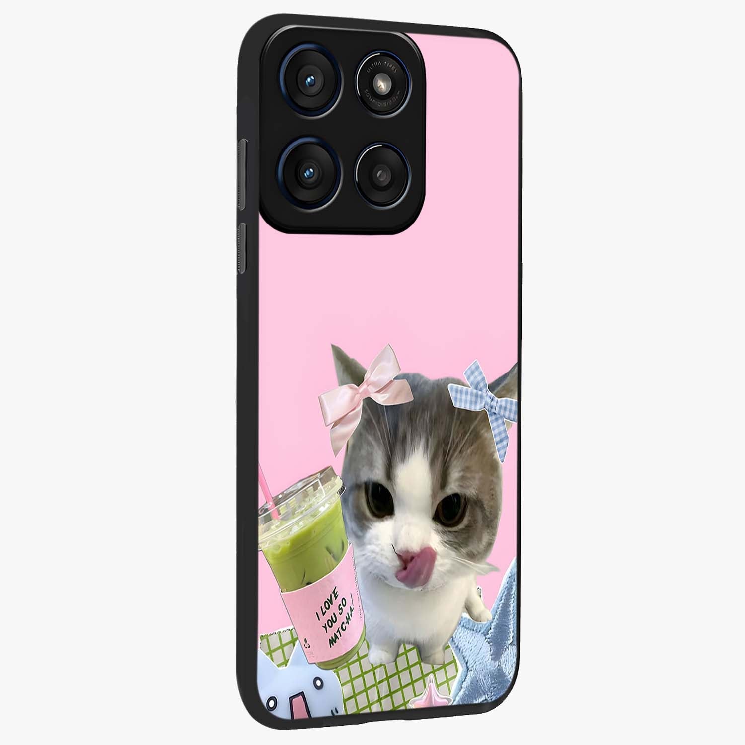 Love Matcha Cat Glass Case upright view showcasing adorable cat artwork with charming matcha themed design.