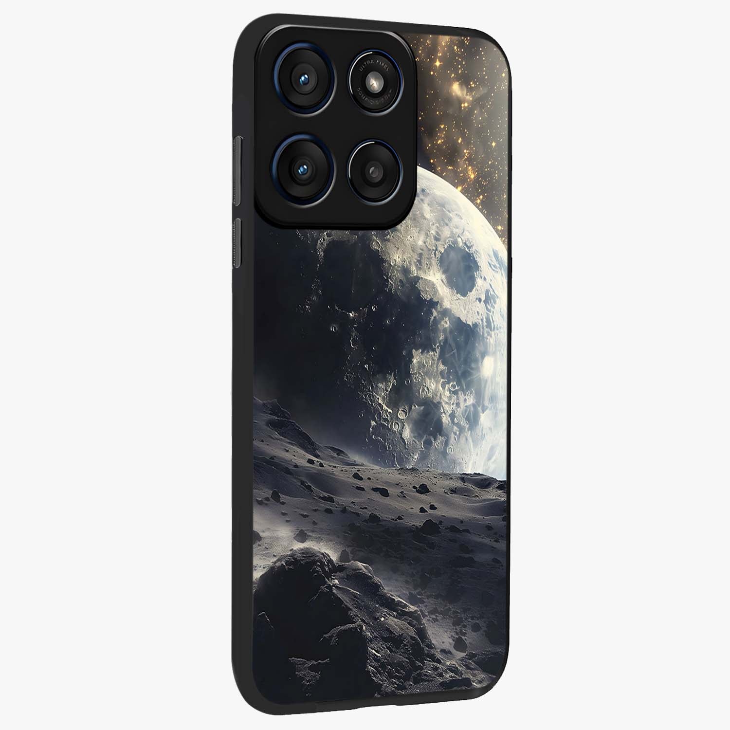Lunar Horizon Glow Glass Case upright view showcasing radiant lunar artwork with calm cosmic theme.