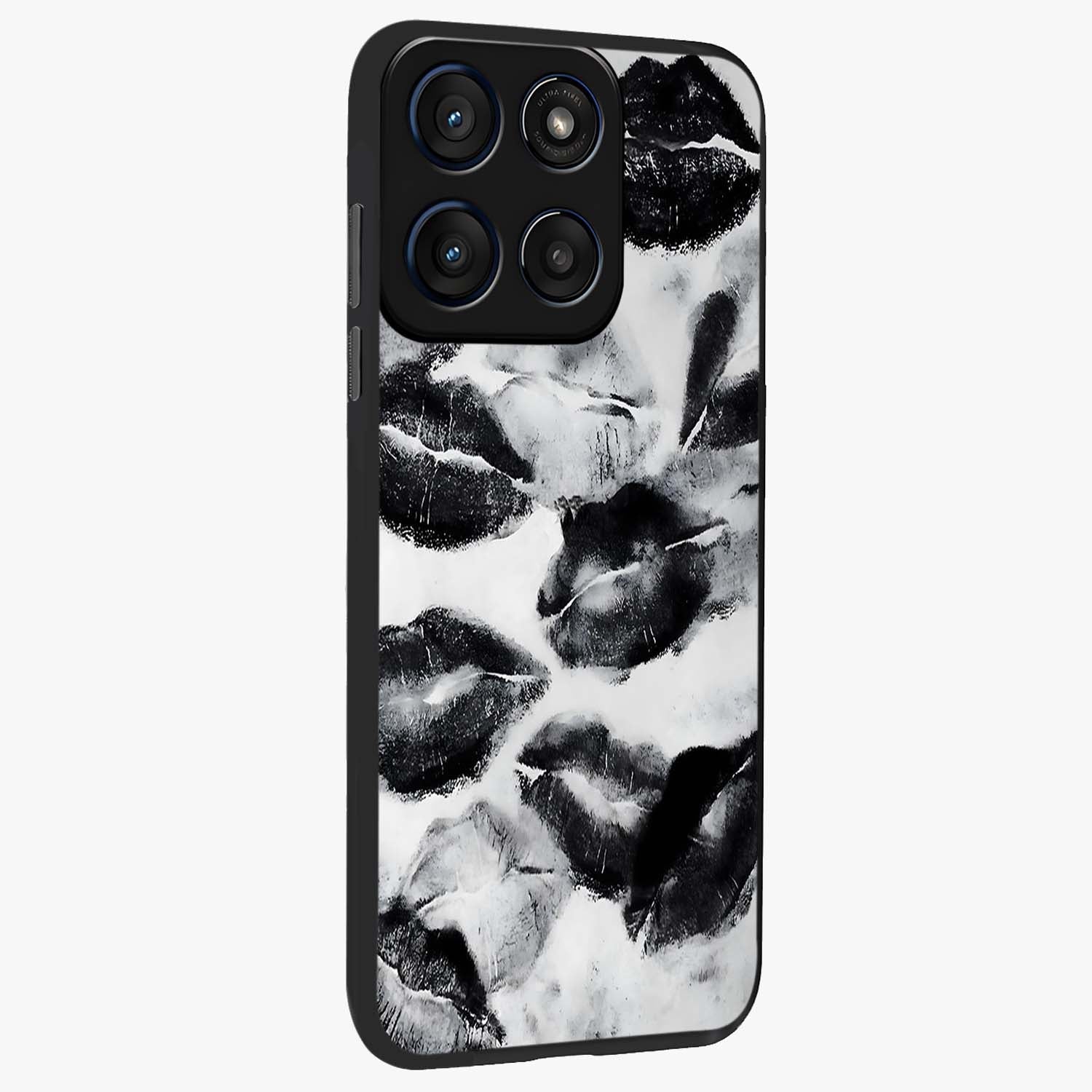 Midnight Kiss Marks Glass Case upright view showcasing stylish kiss mark artwork with trendy romantic theme.