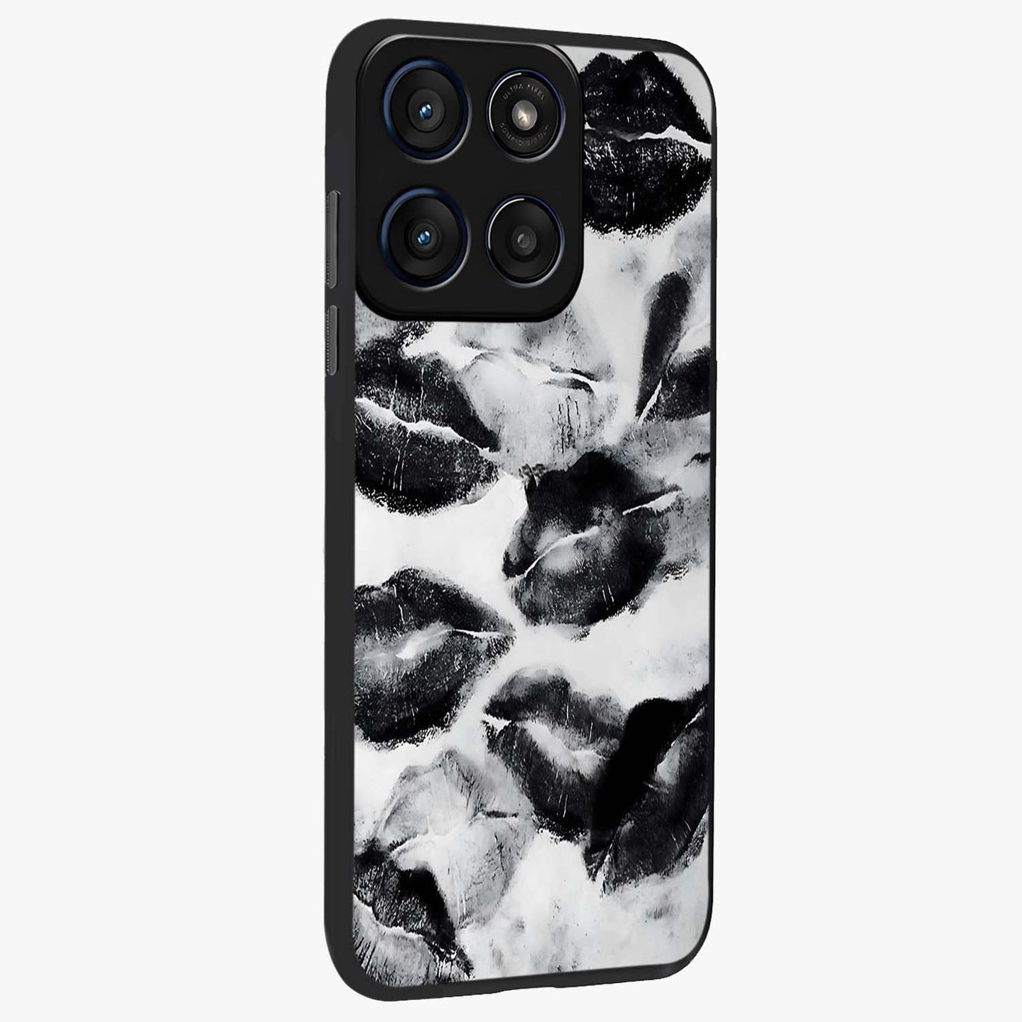 Midnight Kiss Marks Glass Case upright view showcasing stylish kiss mark artwork with trendy romantic theme.