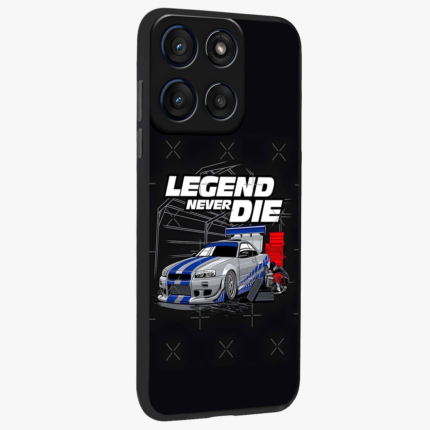 Midnight Racing Legacy Glass Case upright view showcasing powerful racing artwork with modern sports theme.