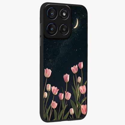 Midnight Tulip Whispers Vibe Glass Case upright view showcasing graceful tulip artwork with calm botanical theme.