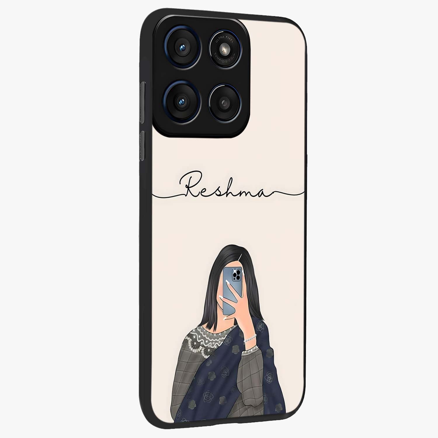 Mirror Mood Muse With Custom Name Glass Case upright view showcasing artistic mirror themed artwork with personalized aesthetic.