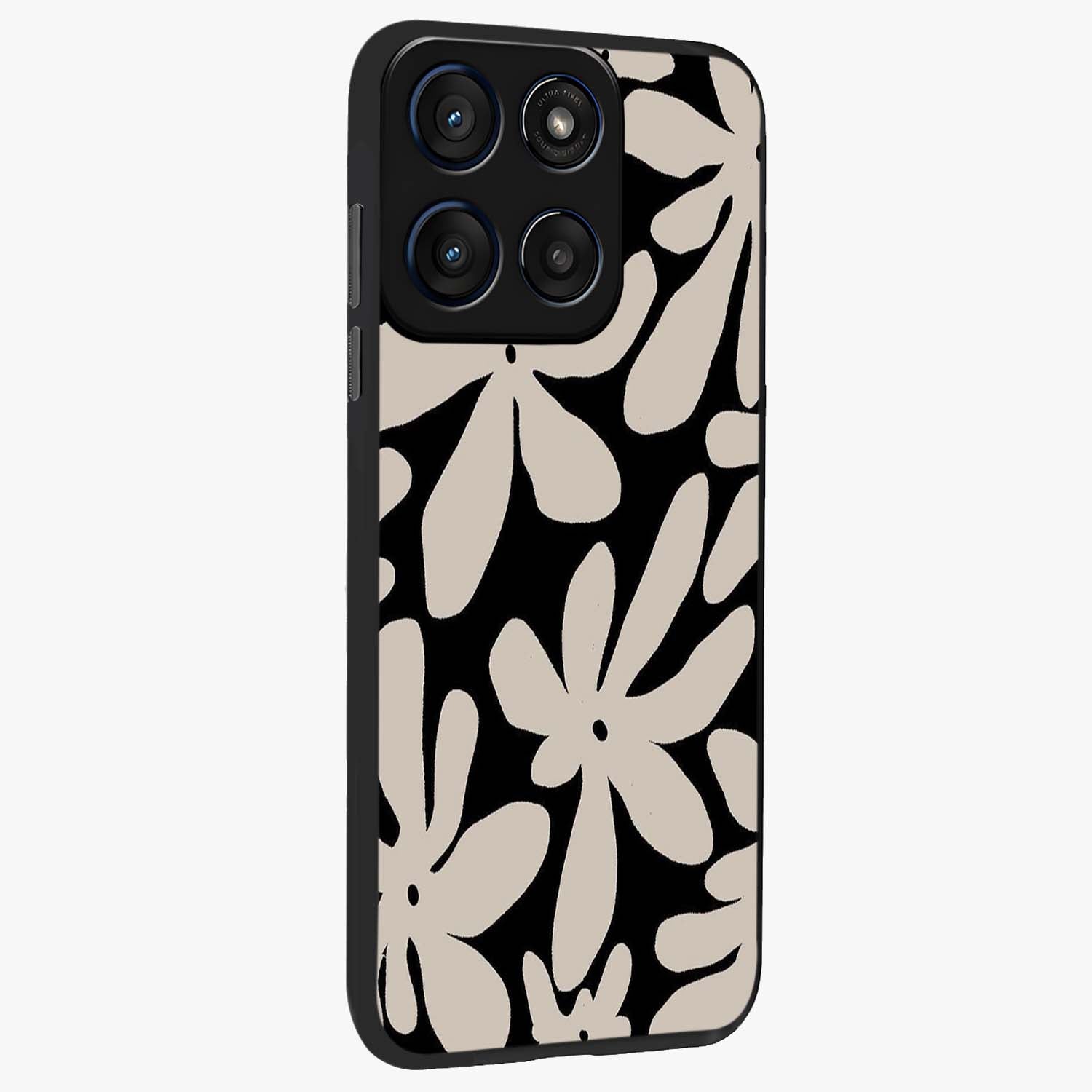 Monochrome Petal Dance Glass Case upright view showcasing artistic floral pattern with stylish monochrome theme.