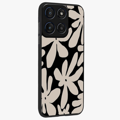 Monochrome Petal Dance Glass Case upright view showcasing artistic floral pattern with stylish monochrome theme.