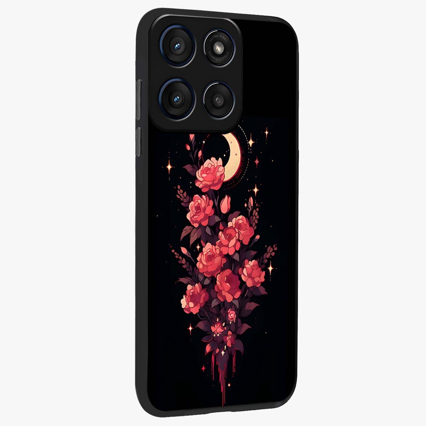 Moonlit Floral Elegance Glass Case upright view showcasing delicate floral artwork with refined night inspired theme.