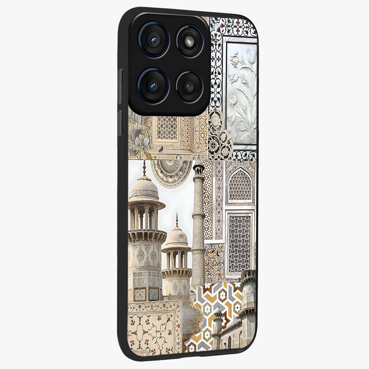 Mughal Marble Legacy Glass Case upright view showcasing ornate Mughal design with luxurious traditional theme.