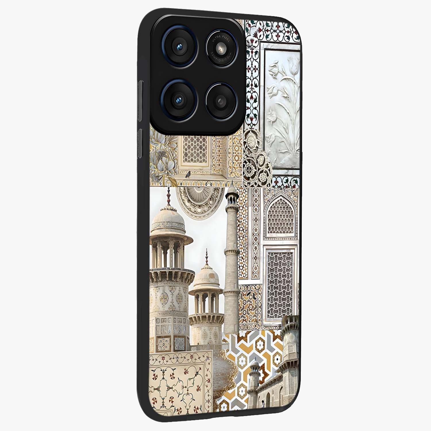 Mughal Marble Legacy Glass Case upright view showcasing ornate Mughal design with luxurious traditional theme.