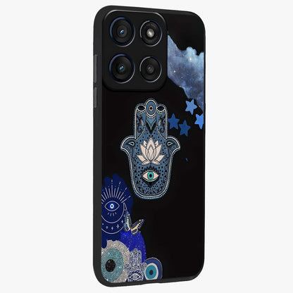 Mystic Hand Aura Glass Case upright view showcasing symbolic hand artwork with mystical energy theme.