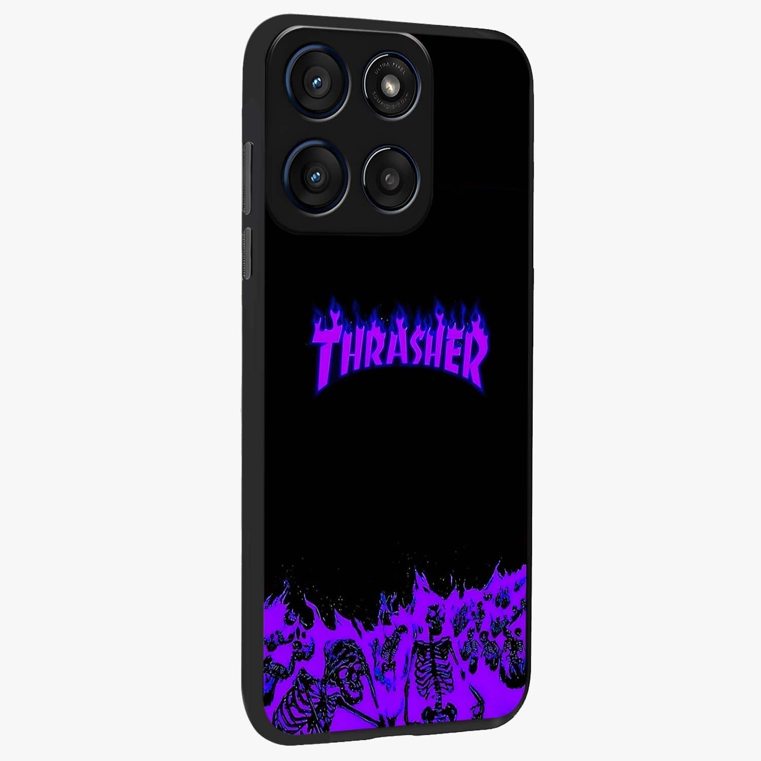 Neon Flame Riot Glass Case upright view showcasing dynamic flame artwork with energetic neon theme.