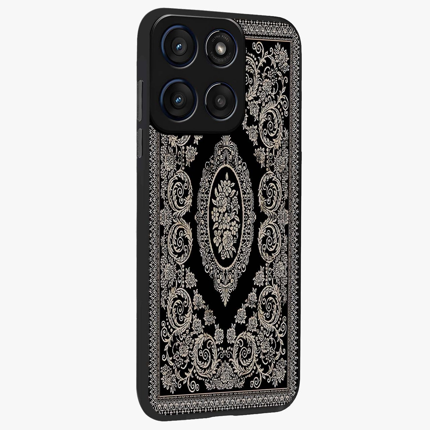 Noir Bloom Elegance Glass Case upright view showcasing graceful floral artwork with luxurious dark theme.