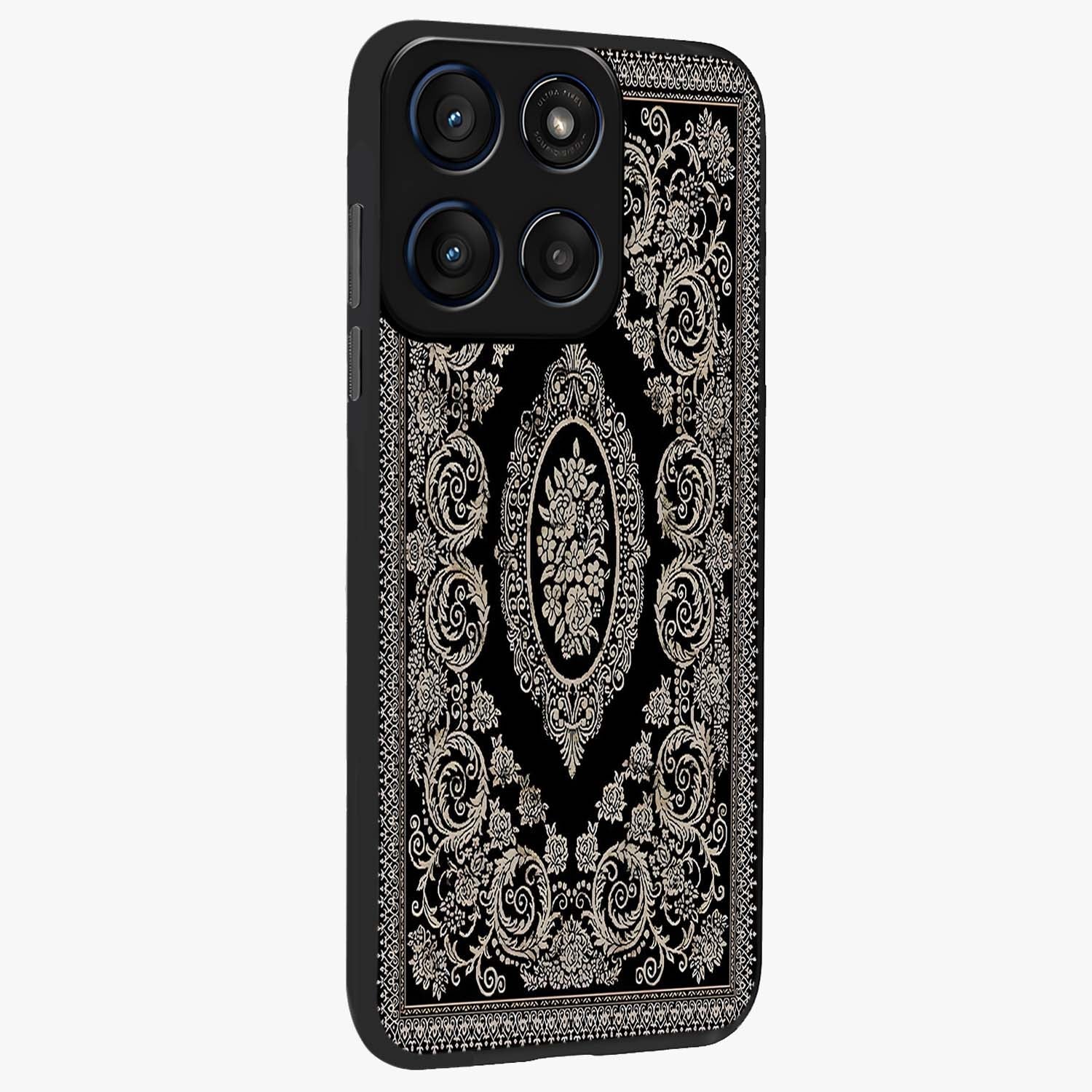 Noir Bloom Elegance Glass Case upright view showcasing graceful floral artwork with luxurious dark theme.