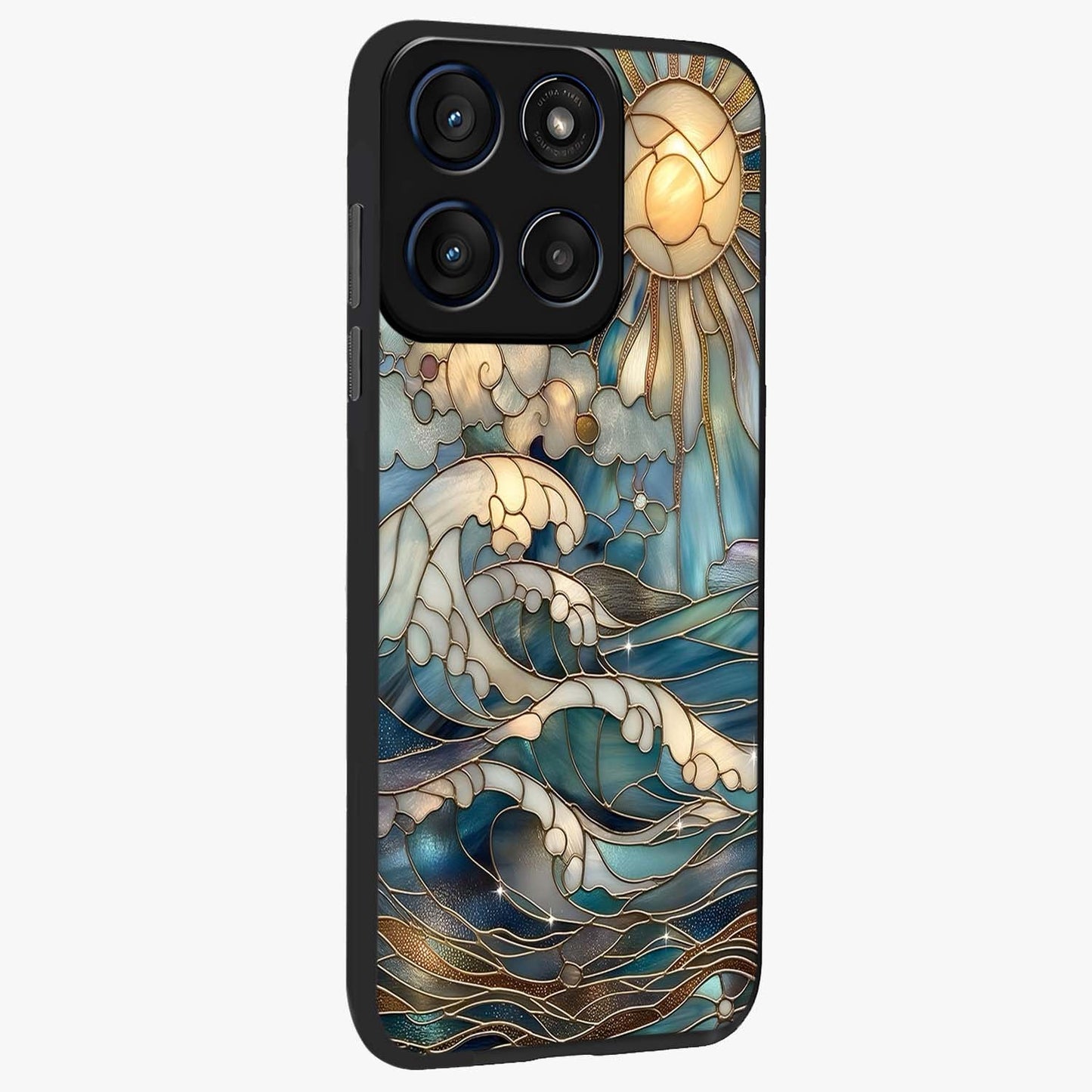 Oceanic Stained Printed Glass Case upright view showcasing decorative ocean pattern artwork with vibrant marine theme.