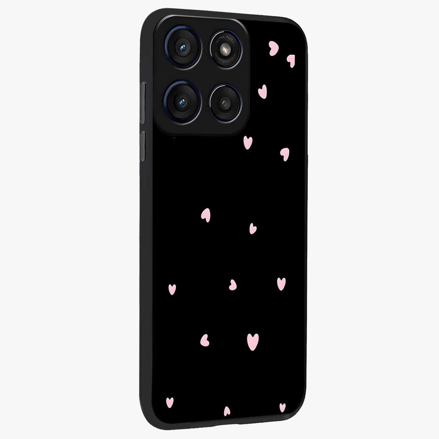 Pink Love Drops Glass Case upright view showcasing charming heart drop artwork with romantic playful theme.