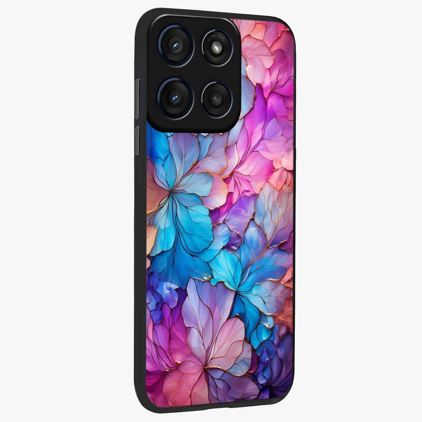 Radiant Floral Whirl Glass Case upright view showcasing lively floral artwork with decorative swirl theme.