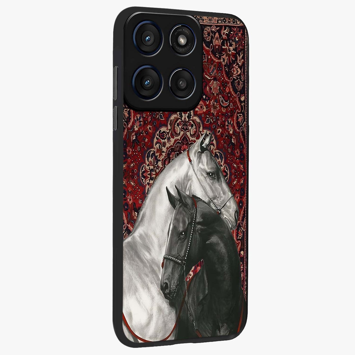 Regal Stallion Tapestry Glass Case upright view showcasing powerful horse artwork with elegant tapestry theme.