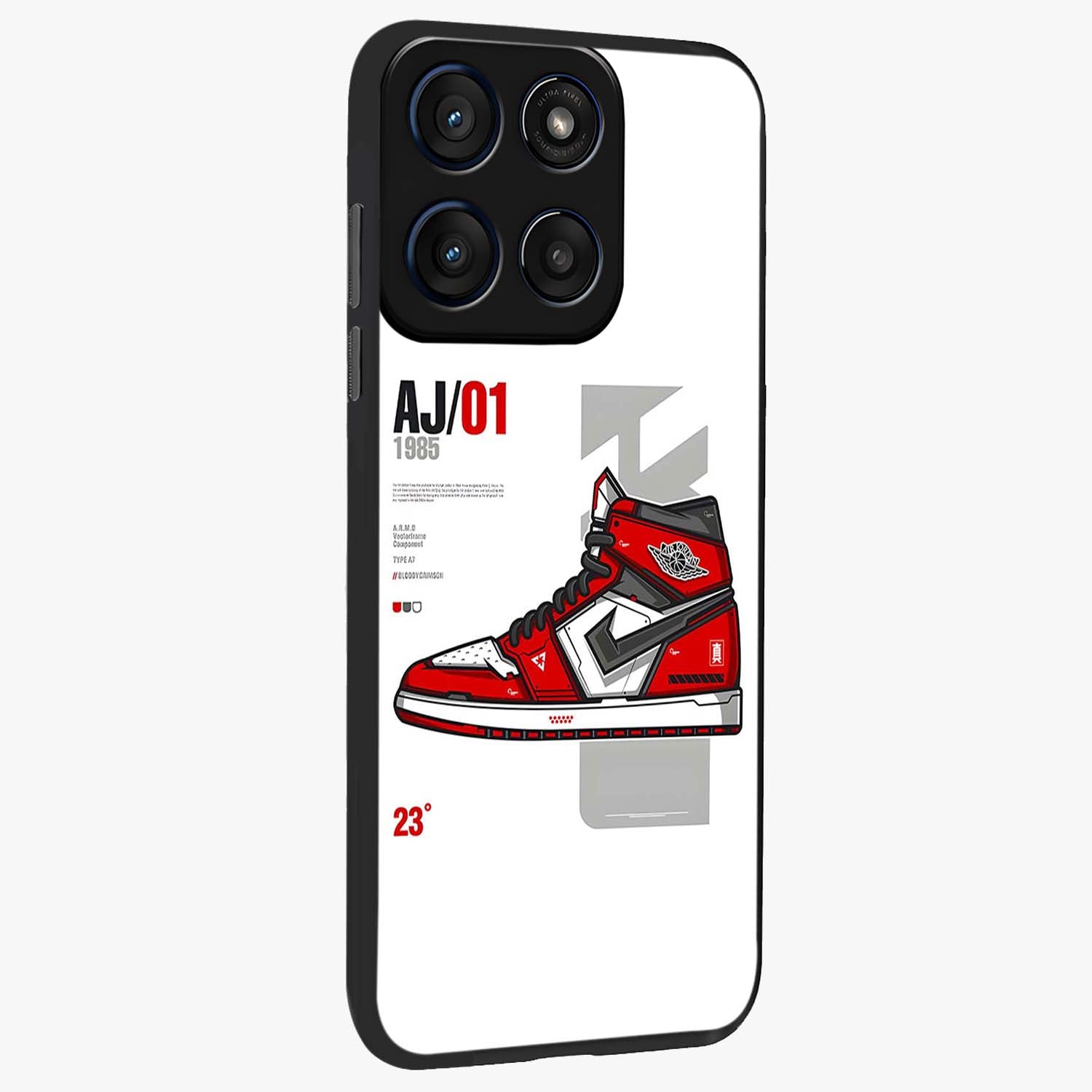 Retro Sneaker Blueprint Glass Case upright view showcasing stylish sneaker illustration with vintage streetwear theme.