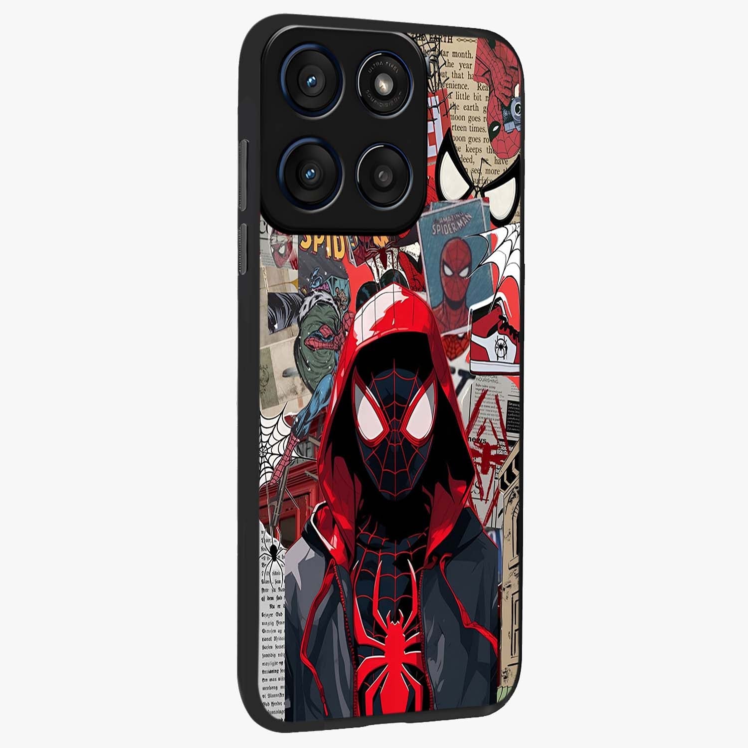 Spider Collage Street Glass Case upright view showcasing bold superhero artwork with urban street theme.
