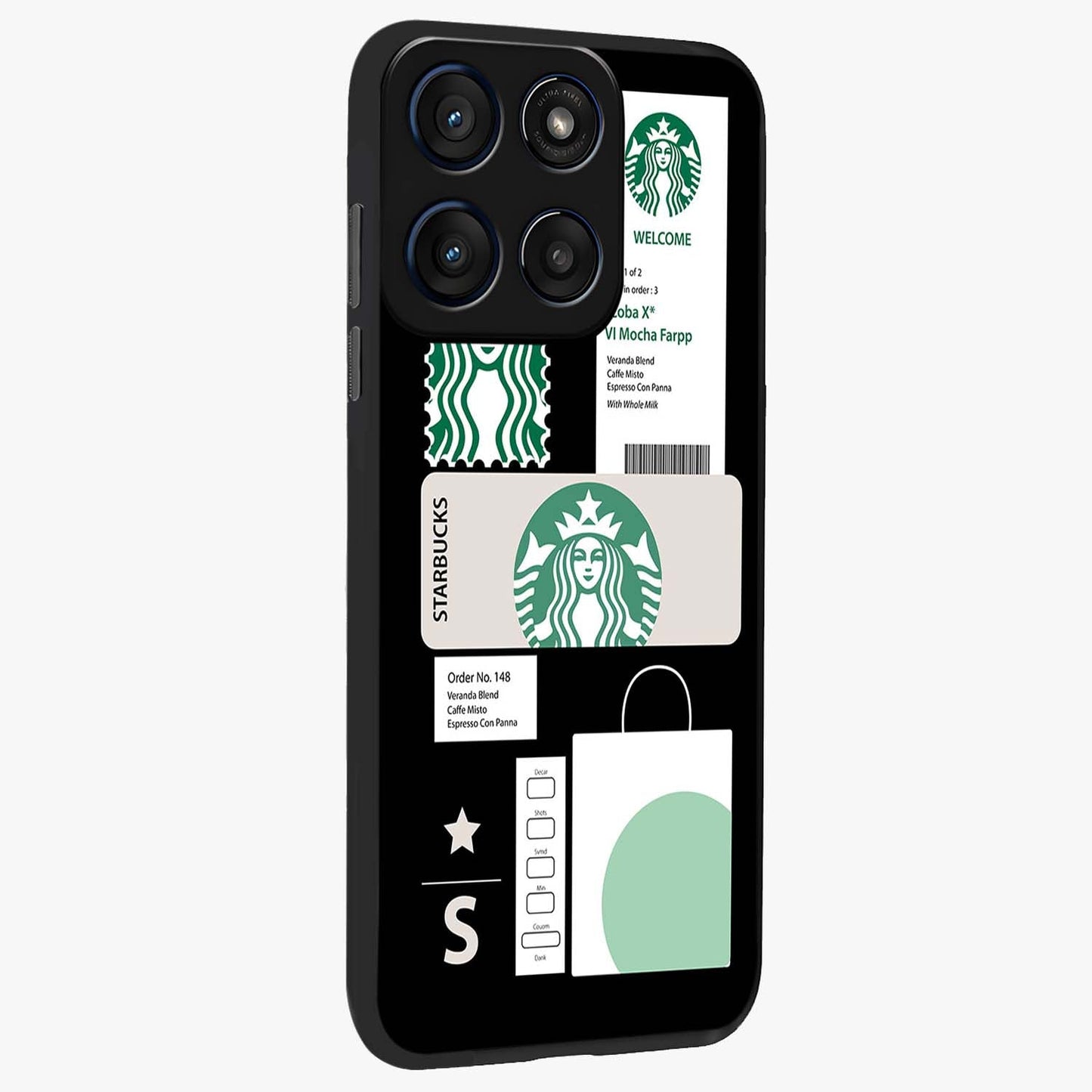 Starbucks Mocha Glass Case upright view showcasing trendy coffee inspired artwork with modern lifestyle theme.