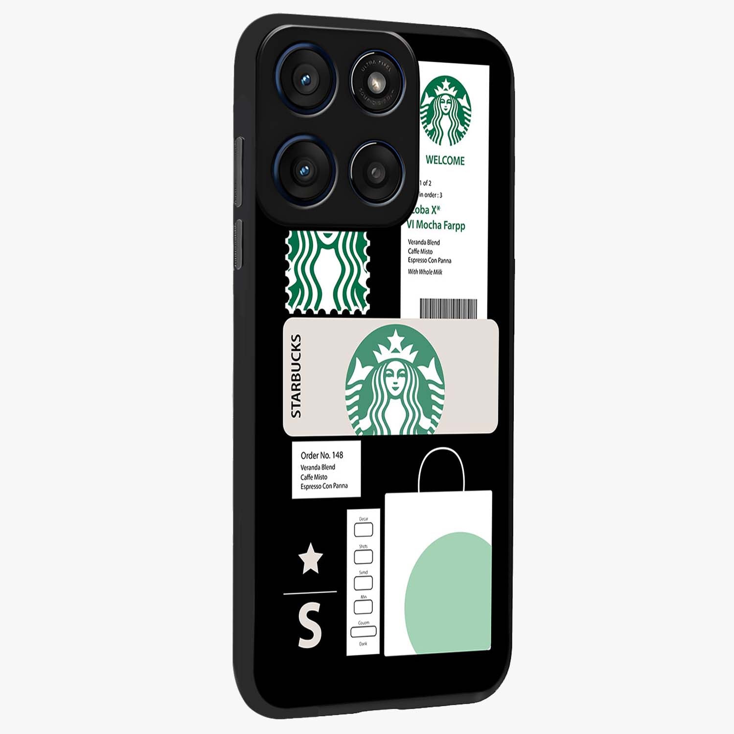 Starbucks Mocha Glass Case upright view showcasing trendy coffee inspired artwork with modern lifestyle theme.
